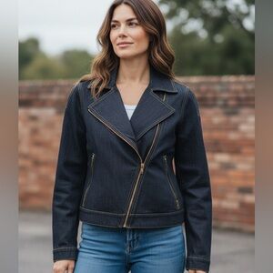 Women’s Dark Wash Denim Moto Jacket – Asymmetrical Zip, Gold Hardware Size M